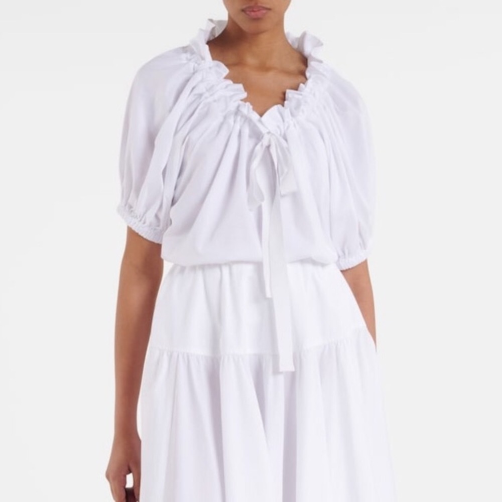 PATOU WHITE SHORT PUFF SLEEVE TUFFET NECKLINE FRONT TIE WOMENS LARGE